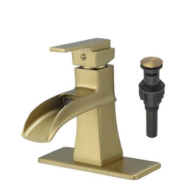 Single Handle Single Hole Bathroom Faucet with Deck Plate Included, Pop Up Drain and Water Supply Hoses in Brushed Gold
