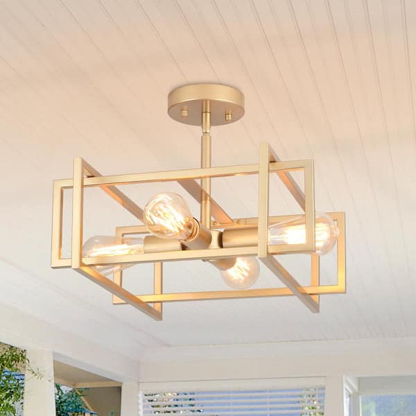 LWYTJO 15 in. 4-Light Gold Semi-Flush Mount Light with Rustic Accent Square Cage for Foyer Bedroom Closet, No Bulb Included