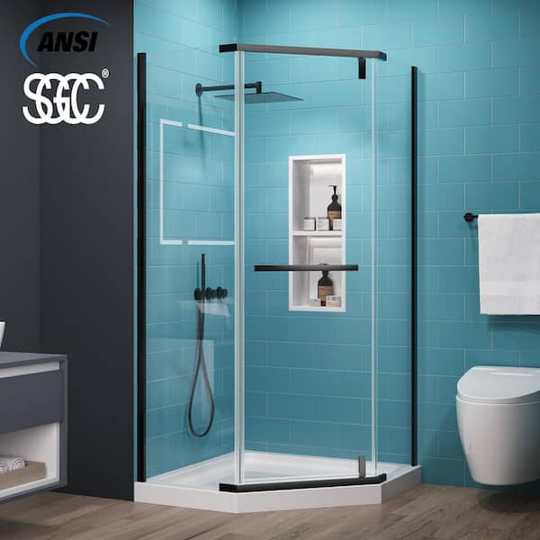 ES-DIY 38 in. W x 72 in. H Neo Angle Pivot Semi Frameless Corner Shower Enclosure in Black without Shower Base