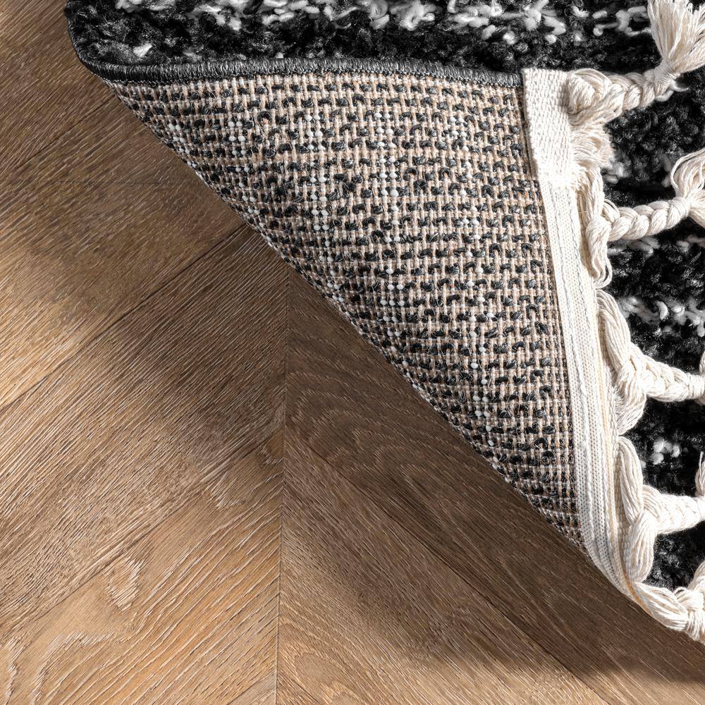 Braided Black Wool Moroccan Diamond Tassel 6'7"x9' Rug