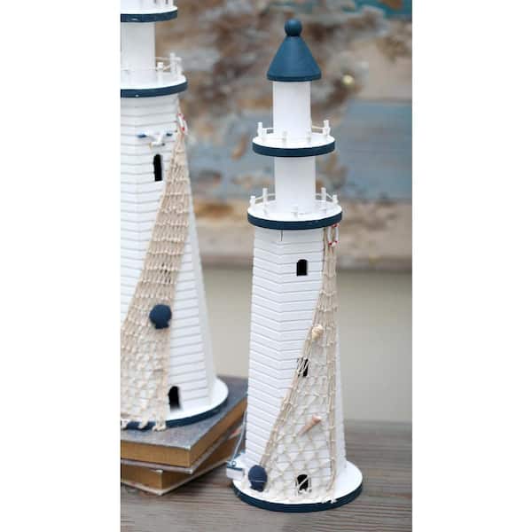 Litton Lane 7 in. x 22 in. Wooden Lighthouse Decorative Sculpture in Blue and White