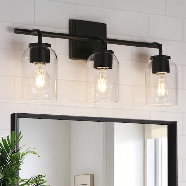 Modern 3-light Matte Black Wall Sconce with Clear Dome Glass Shade, Industrial 19.5 in. Vanity Light for Bathroom