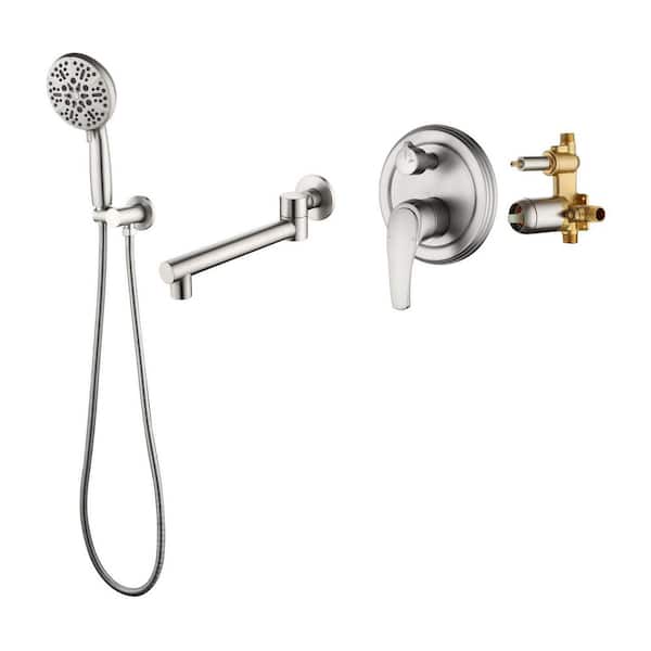 Single-Handle Wall Mount Roman Tub Faucet with 7-Spray Hand Shower Brass Bathtub Fillers in Brushed Nickel