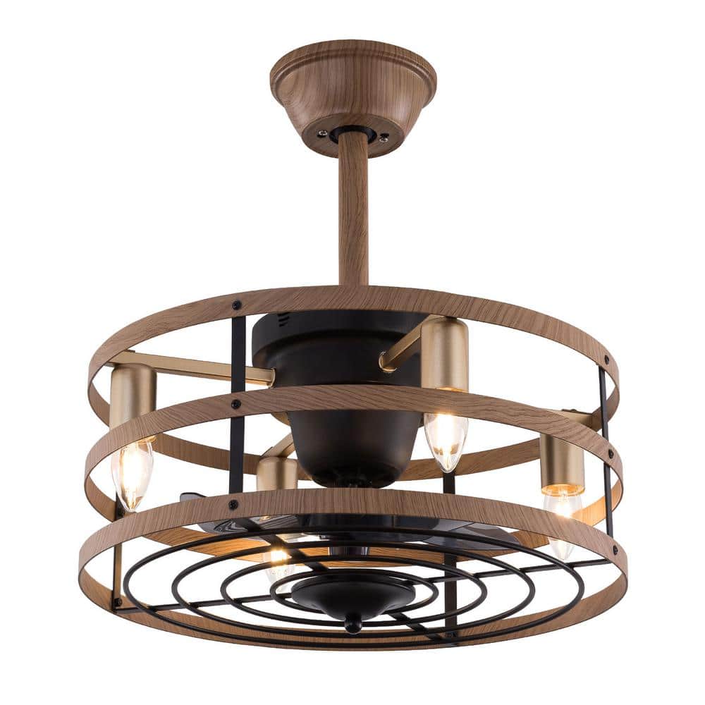 18-Inch Light Brown Caged Ceiling Fan with Remote and Lighting