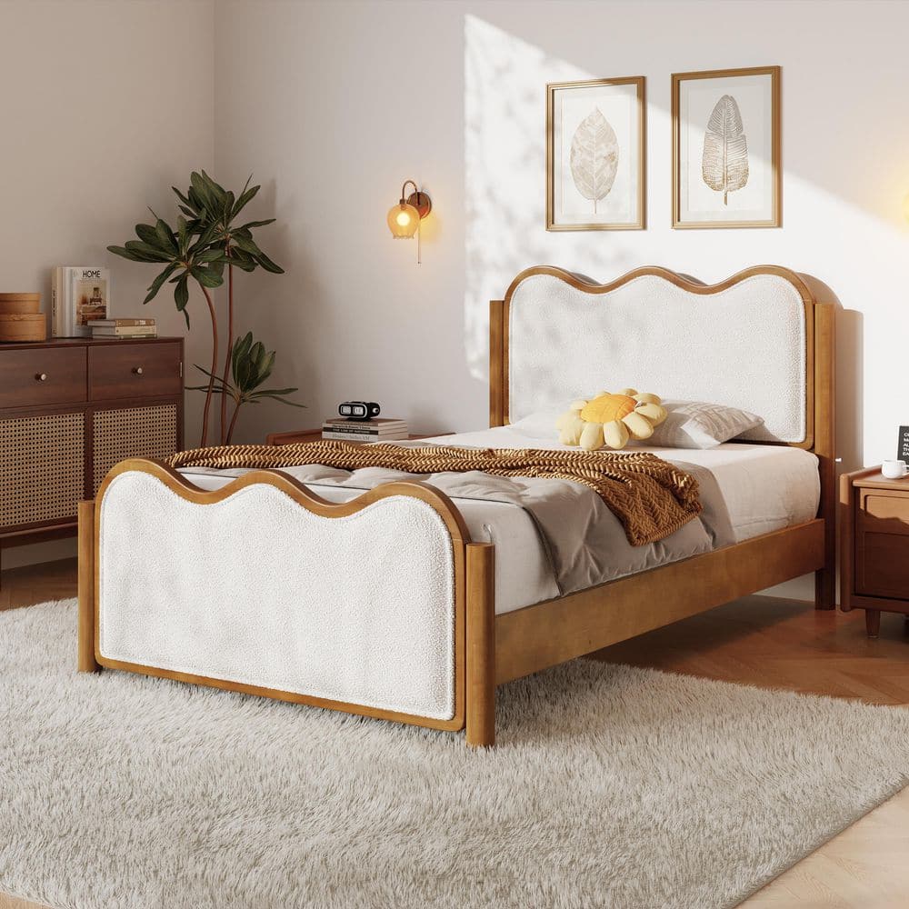 Ulveric Ivory White Boucle Fabric Upholstered Light Walnut Finish Wood Frame Twin Platform Bed with Wavy Headboard price history on PriceWatchPro