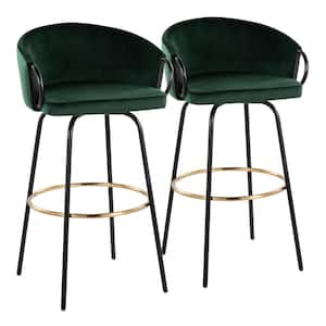 Claire 38.25 in. Green Velvet and Black Metal Low Back Bar Stool with Gold Footrest (Set of 2)