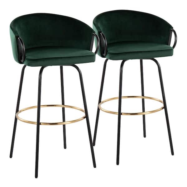 Lumisource Claire 38.25 in. Green Velvet and Black Metal Low Back Bar Stool with Gold Footrest (Set of 2)