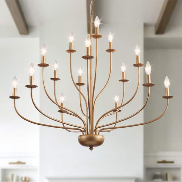15-Light Gold Farmhouse Three-Tier Candle 39 in. Large Chandelier Island Pendant Light for Kitchen Island