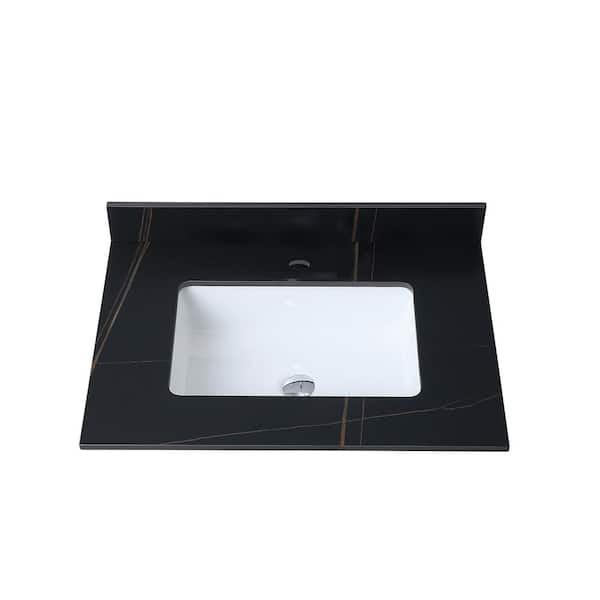 Unbranded 31 in. W. x 22 in. D Engineered Stone Composite White Rectangular Single Sink Bathroom Vanity Top in Black Gold