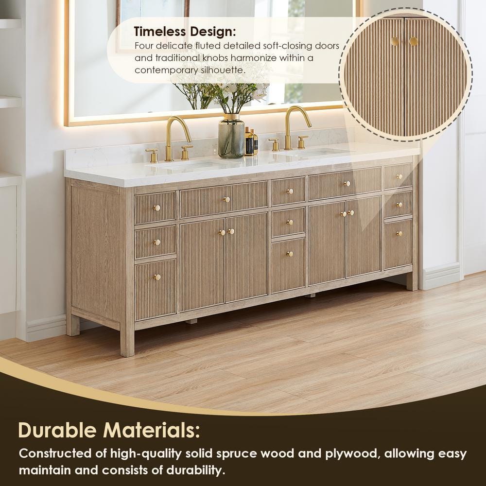 Cerrito 84" Natural Oak Double Vanity with Engineered Stone Top