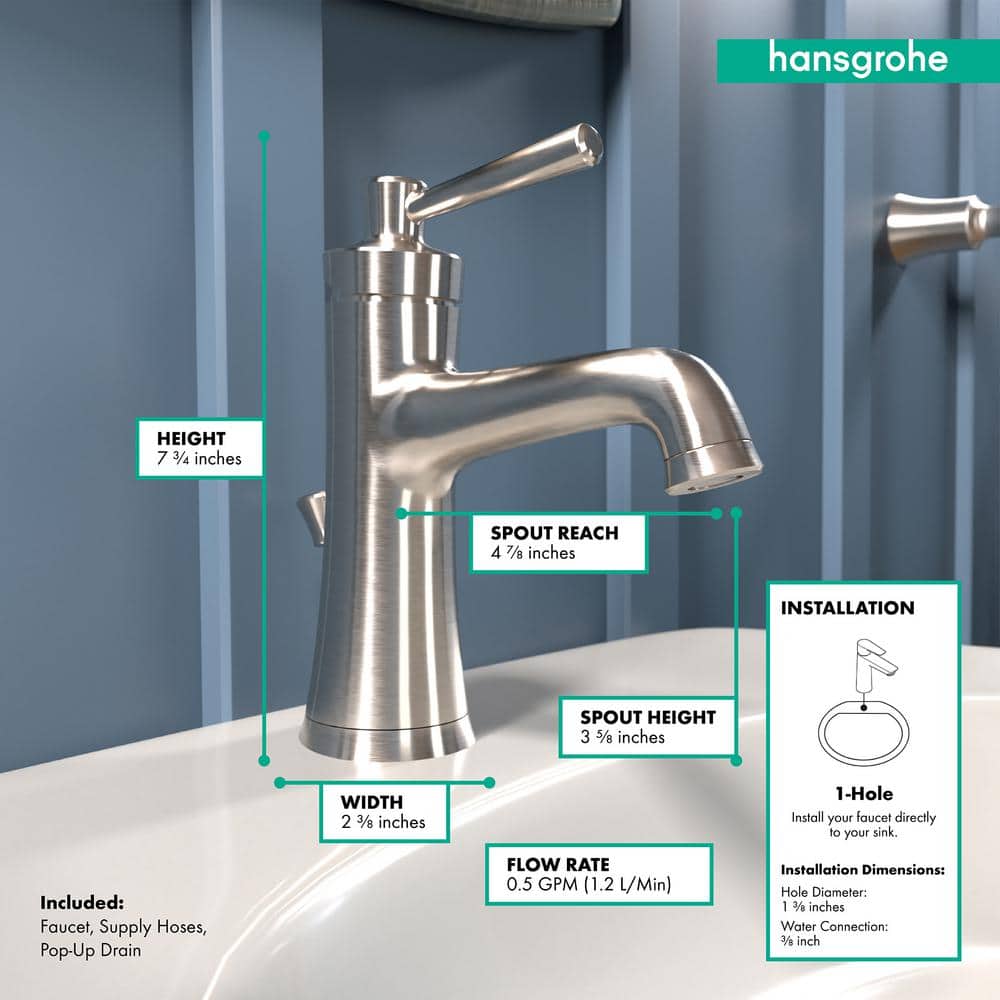 Brushed Nickel Single-Hole Bathroom Faucet with Pop-Up Drain