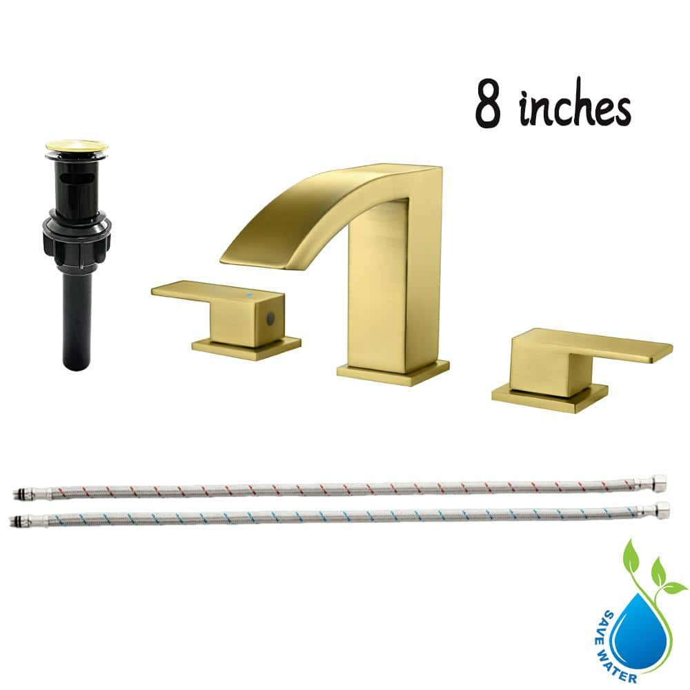 UKISHIRO Dowell 8 in. Waterfall Widespread 2-Handle Bathroom Faucet With Pop-up Drain Assembly in Spot Resist Brushed Gold