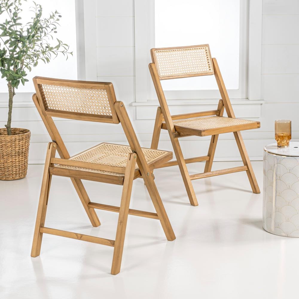 Theo Light Brown Wood and Rattan Folding Chairs, Set of 2