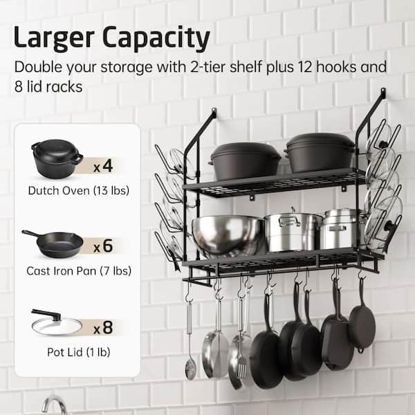 Matte Black 30 in. Wall Mount Rectangular Iron Pot Rack for Kitchen 2-Tier with 12 Hooks