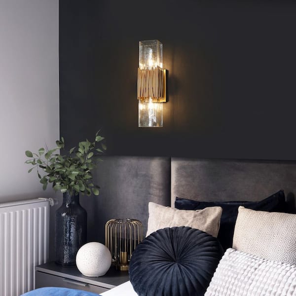 Polmbafee 4.7 in. 2-Light Gold Vanity Light with Rectangle Seeded Glass Shades and No Bulb Included