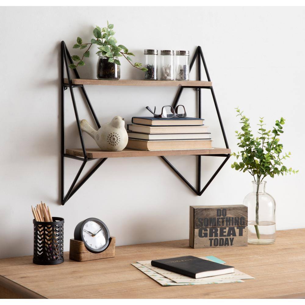 Rustic Brown and Black Two-Tier Floating Wall Shelf