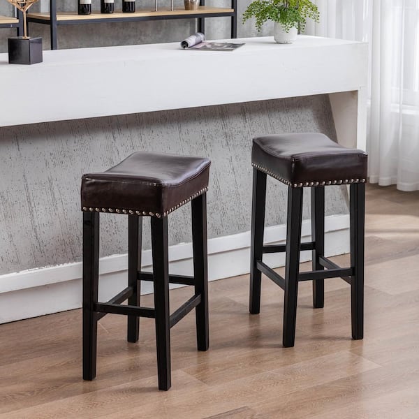 Clihome Counter Height 29 in. Brown Wooden Frame Backless Faux Leather Bar Stools(Set of 2 )