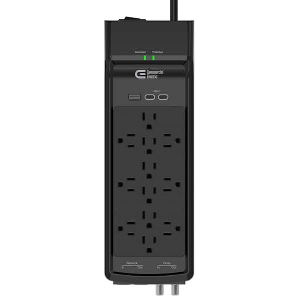 Commercial Electric 15 ft. 12-Outlet Surge Protector Braided Cord with 1 USB-A and 2 USB-C, Black