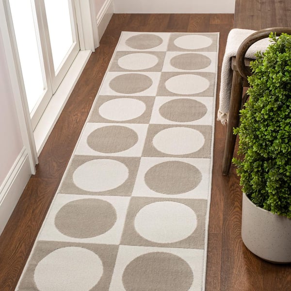 JONATHAN Y Helena Modern Geometric Circles In Squares High-Low Beige/Cream 2 ft. x 8 ft. Runner Rug