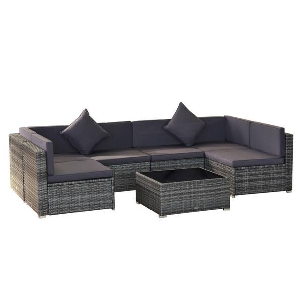 FORCLOVER 7-Piece Rattan Wicker Patio Conversation Set with Gray Cushions and Coffee Table