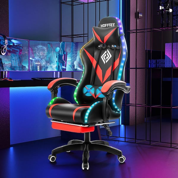 Hoffree Faux Leather Massage Ergonomic Gaming Chair in Red with LED Lights Footrest