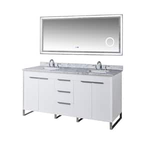 Luca 72 in. W x 25 in. D x 36 in. H Double Sink Freestanding Vanity in White with White Carrara Marble Top and Mirror