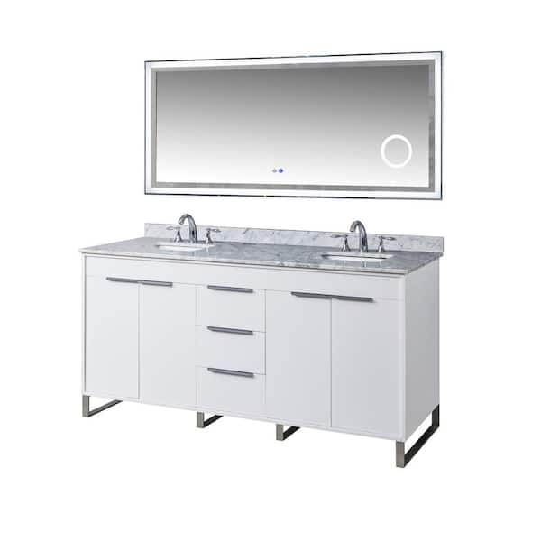 Direct vanity sink Luca 72 in. W x 25 in. D x 36 in. H Double Sink Freestanding Vanity in White with White Carrara Marble Top and Mirror