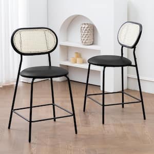 24 in. Black Rattan Counter Height Bar Stools with Faux Leather Seat (set of 2)