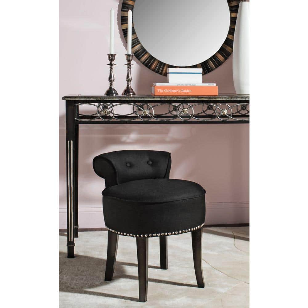 Petite Black Linen Birchwood Vanity Stool with Silver Nailhead Trim