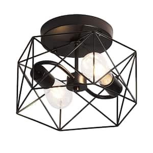 Industrial 11.8 in. 2-Light Farmhouse Geometric Flush Mount Black Rustic Metal Cage Ceiling Light