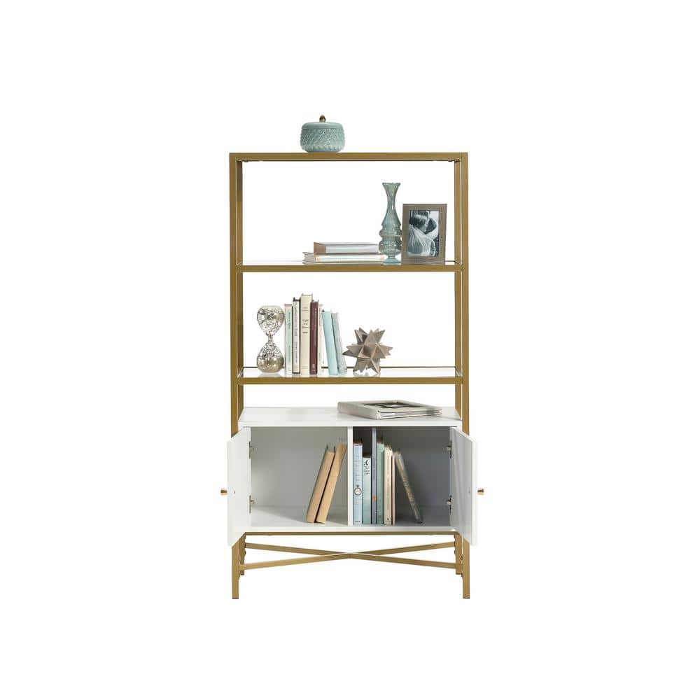 White and Gold Adjustable Bookcase with Doors