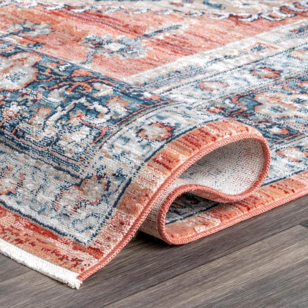 Vintage Red and Blue Medallion Synthetic Runner Rug
