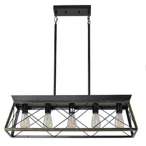 5-Light Brown Metal Geometric Farmhouse Chandelier Fixture for Kitchen Island with Rustic Rectangle Frame