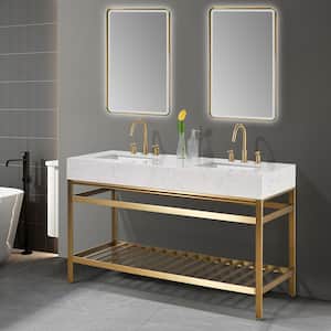 Merano 60 in. W x 22 in. D x 35 in. H Double Sink Bath Vanity in Brushed Gold with White Composite Stone Top and Mirror