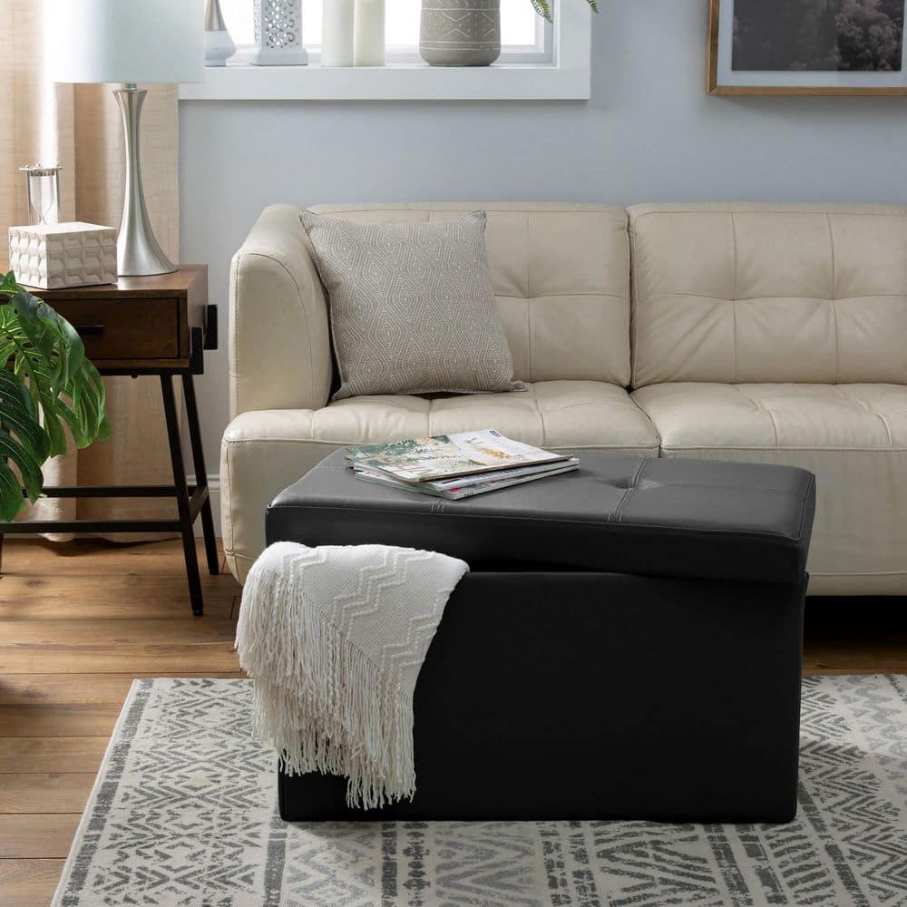 Black Faux Leather Collapsible Storage Ottoman with Tufted Top