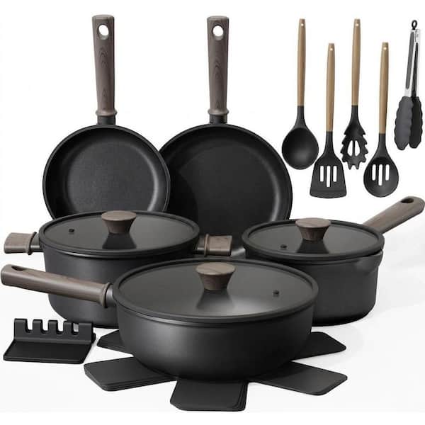 19 Pcs Black Titanium Non Stick Induction Non Toxic Healthy Cookware Set with Frying Pans Glass Lids Handles