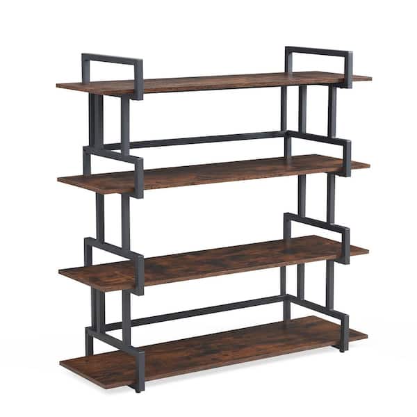 Unbranded 4 Tier 39.3 in. W x 13.3 in. D Rustic Brown Sturdy Wood & Metal Freestanding Open Bookcase Shelf, Decorative Wall Shelf