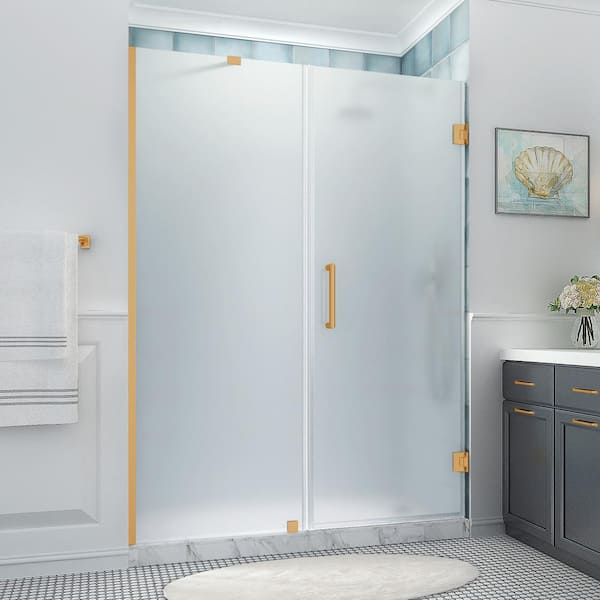 Belmore XL 61.25 - 62.25 in. x 80 in. Frameless Hinged Shower Door with Ultra-Bright Frosted Glass in Brushed Gold