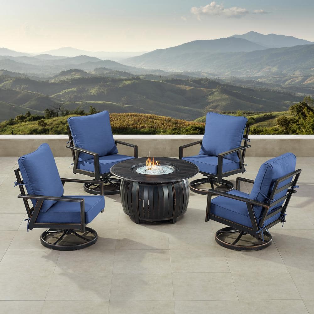 Oakland Living Black 7-Piece Aluminum Patio Fire Pit Set with 4-Club Chairs Blue Cushions