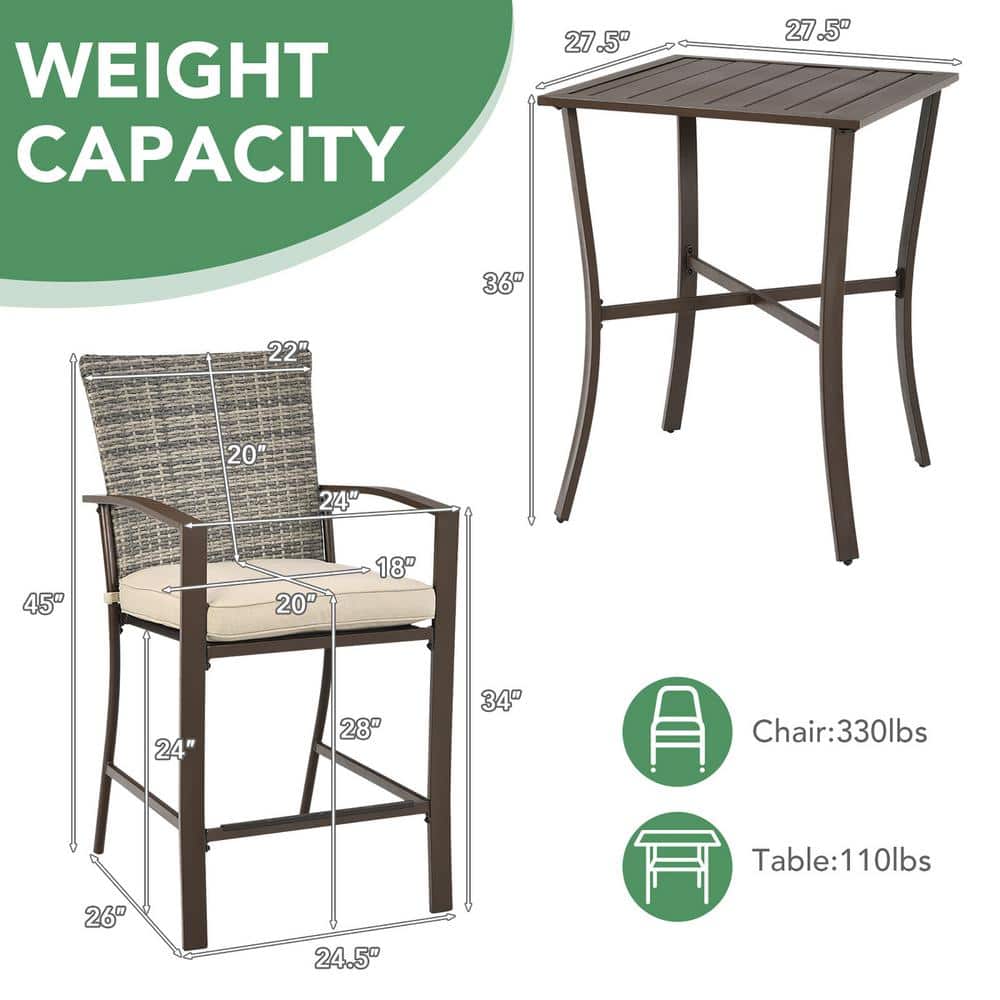Brown Rattan and Steel 2-Person Patio Bar Set with Cushioned Stools