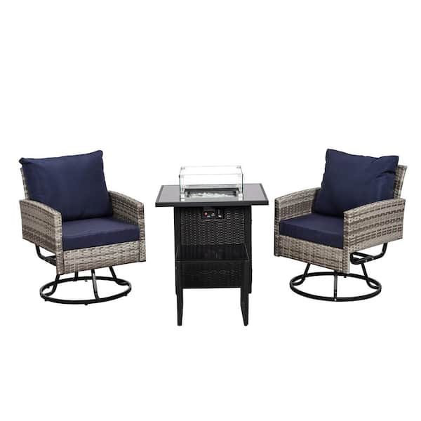 Gray Wicker Outdoor Chaise Lounge with Blue Cushions, 1-Table Fire Pit