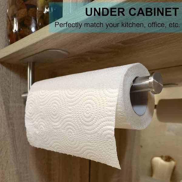 Wall Mount Silver Paper Towel Holder Under Cabinet Stainless Steel Space Saver with Self Adhesive and Screws 2 Pack