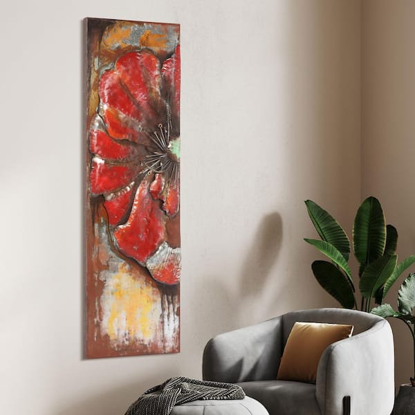 60 in. x 18 in. "Red Poppy Detail" Mixed Media Iron Hand Painted Dimensional Wall Art