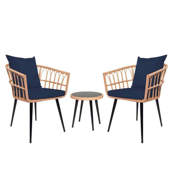 Sudzendf 3-Piece Wicker Outdoor Bistro Conversation Set Rattan Chair with Dark Blue Cushions