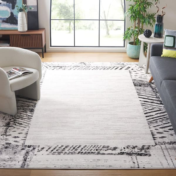 Skyler 7 ft. x 7 ft. Ivory Gray/Black Distressed Border Square Area Rug
