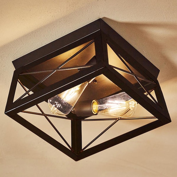 12 in. 2-Light Black Industrial Rectangle Flush Mount Ceiling Light Fixture