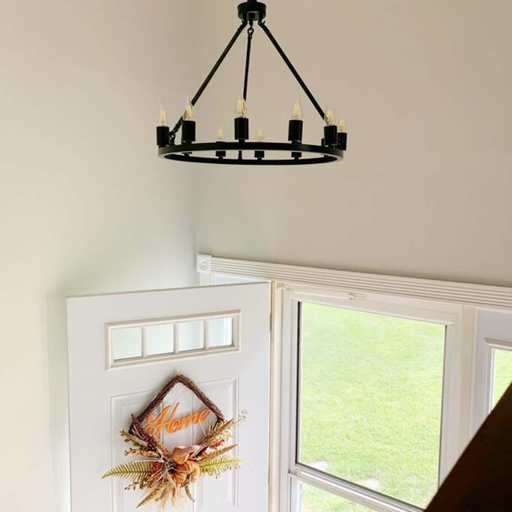 Black Metal 12-Light Wagon Wheel Chandelier with Candle Bulbs
