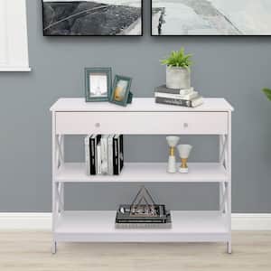 39.4 in. W x 31.5 in H White Painting Rectangle Manufactured Wood Console Table with Long Drawer and Shelves