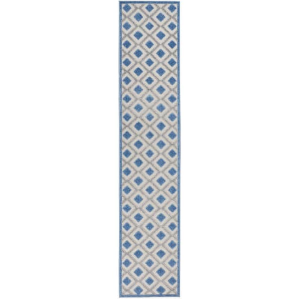 Nourison Aloha Blue/Gray 2 ft. x 12 ft. Kitchen Runner Geometric Contemporary Indoor/Outdoor Patio Area Rug