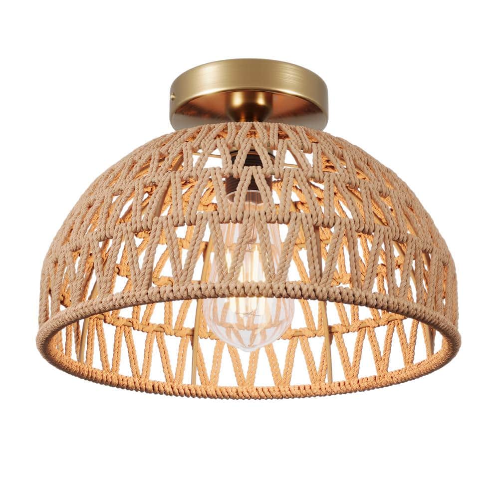 11.02 in. 1-Light Handmade Woven Boho Semi-Flush Mount Rustic Rattan Ceilin